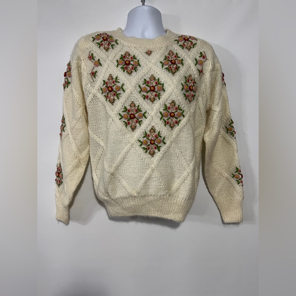 Vintage 80s Marnie West Off White Knit Floral Wool Blend Sweater M Granny MINT!!